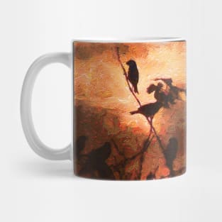 Birds at sunrise, Birds are sitting on a tree at sunrise, Oil painting on canvas . Mug